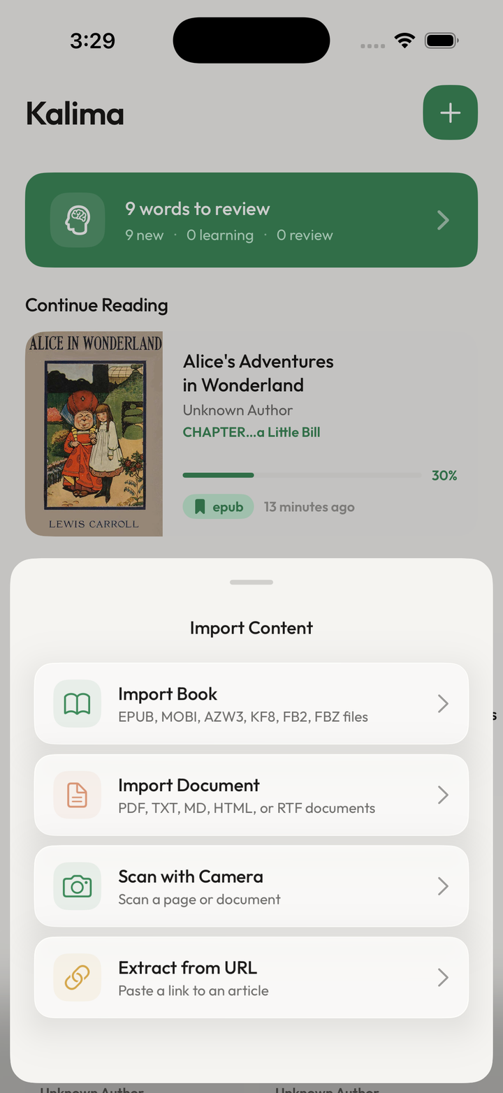 Kalima library screen showing continue reading, quick reads, and the main library