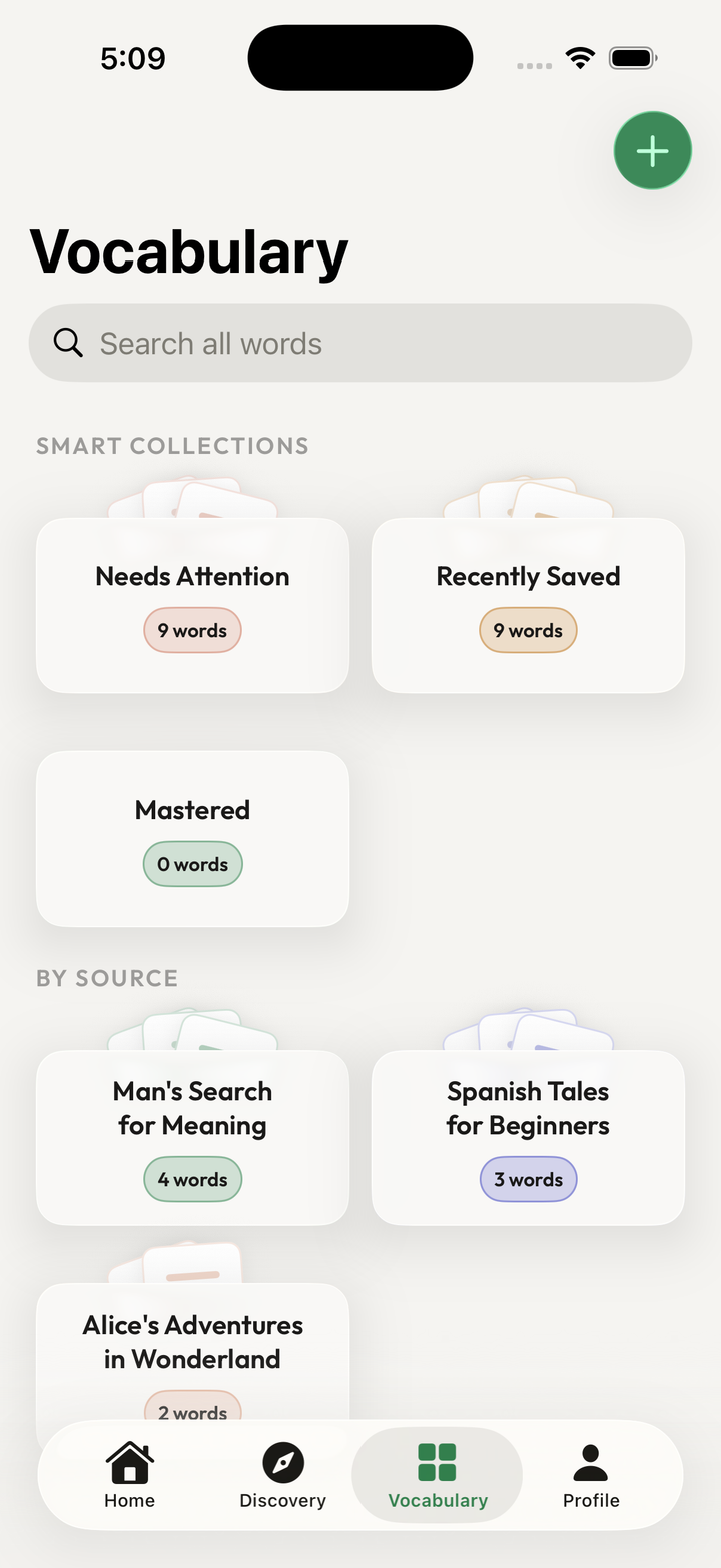 Kalima vocabulary collections screen with Needs Attention, Recently Saved, and Mastered sections